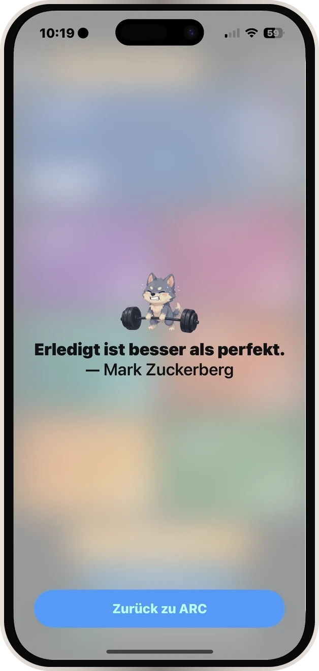 ARC: gesperrter Bildschirm mit einem Zitat statt der App